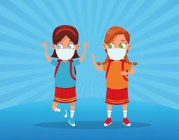 little girls using face masks for covid19 vector