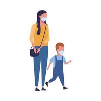 mother and son using face masks characters vector