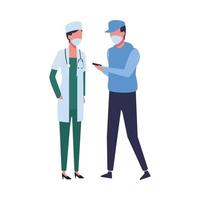 female doctor and man using face masks for covid19 vector