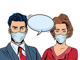 business couple using face masks for covid19 with speech bubble vector