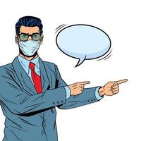 businessman using face mask for covid19 with speech bubble vector