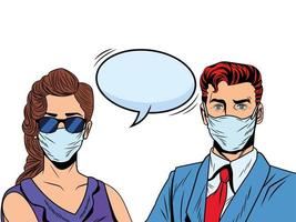 business couple using face masks for covid19 with speech bubble vector