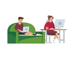 couple using computers to work at home vector