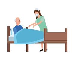 nurse attending to old man in bed vector