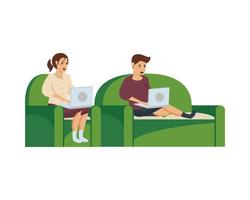 couple using computers to work at home vector