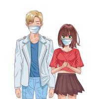 young couple using face masks anime characters vector