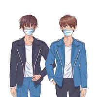 young boys using face masks anime characters vector