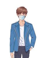 young man using face mask anime character vector