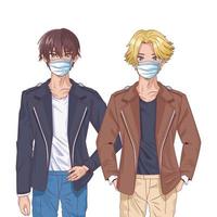 young boys using face masks anime characters vector