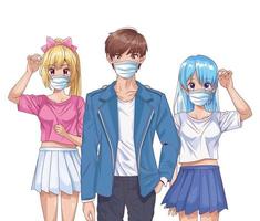 young people using face masks anime characters vector