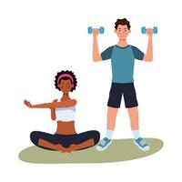 atletas interraciales haciendo ejercicio juntos vector