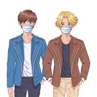 young boys using face masks anime characters vector