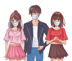 young people using face masks anime characters vector