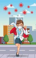 super female doctor with hero cloak running in the city vector