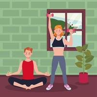 couple exercising together in the house vector