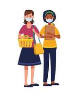 Mujeres interraciales con mascarillas en el supermercado vector
