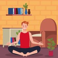 man practicing yoga in the house vector