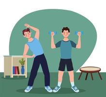 men practicing exercise in the house vector