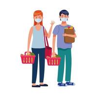 couple using face masks in supermarket vector