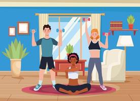 interracial people practicing exercise in the house vector