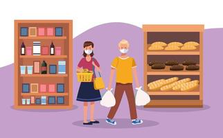 couple shopping in supermarket with face mask vector