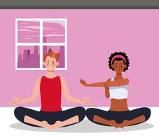pareja interracial practicando yoga en la casa vector