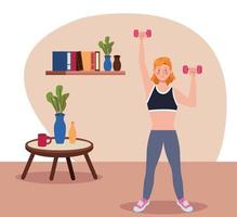 woman lifting dumbbells in the house vector