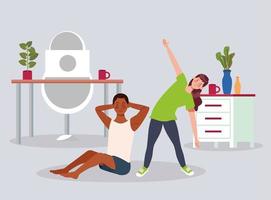 interracial couple practicing exercise in the house vector