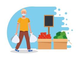 man shopping in supermarket with face mask vector