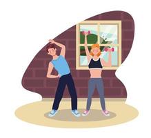 couple exercising together in the house vector