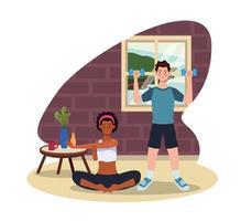 interracial couple practicing exercise in the house vector