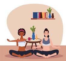 interracial women practicing yoga in the house vector