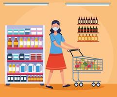 Mujer de compras en el supermercado con mascarilla vector