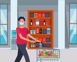 man shopping in supermarket with face mask vector