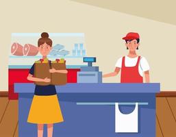 woman shopping in supermarket with face mask vector