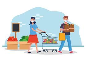 couple shopping in supermarket with face mask vector