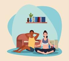 interracial couple practicing exercise in the house vector