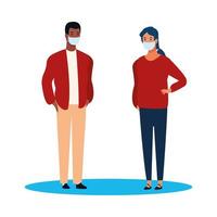 interracial couple using face mask for covid19 vector