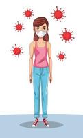 woman using face mask with covid19 particles vector