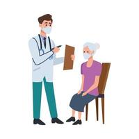 doctor attending to old woman in chair vector