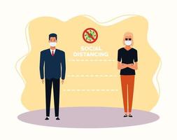 business couple using face masks for covid19 vector