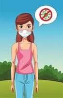 woman using face mask in the park with stop covid19 sign vector