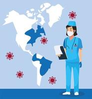 nurse with america maps and covid 19 particles vector