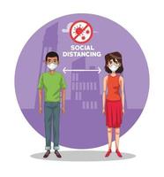 couple using face masks with stop covid19 signal in the city vector