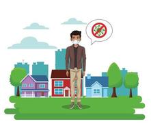 man using face mask with stop covid19 sign in the park vector