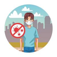 man using face mask with stop covid19 sign in the street vector