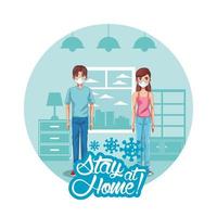 couple using face masks characters in the house vector