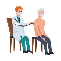 doctor attending to old man in chairs vector