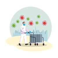 biohazard cleaning person with cart and covid19 particles vector