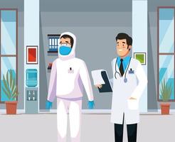 biohazard cleaning person and doctor characters vector